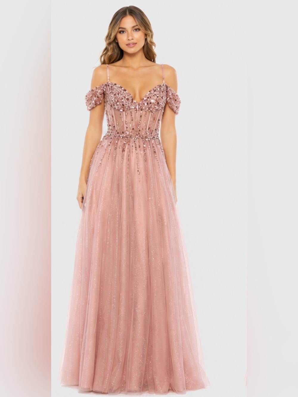 NWOT Blush Sequin Tulle Off Shoulder Prom Gown Removable Straps Size 4